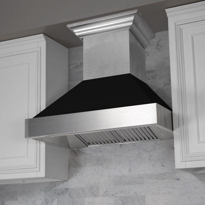 ZLINE 30 in. Dual Fuel Range in DuraSnow with Black Matte Door and 30 in. Range Hood Appliance Package 2KP-RASBLMRH30