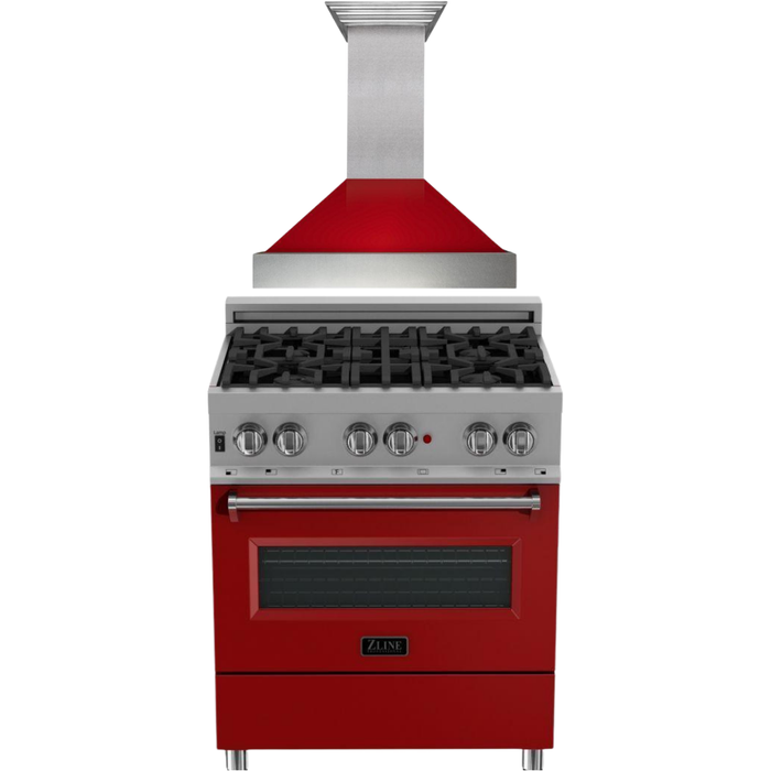 ZLINE 30 in. Dual Fuel Range In DuraSnow with Red Gloss Door and 30 in. Range Hood Appliance Package 2KP-RASRGRH30