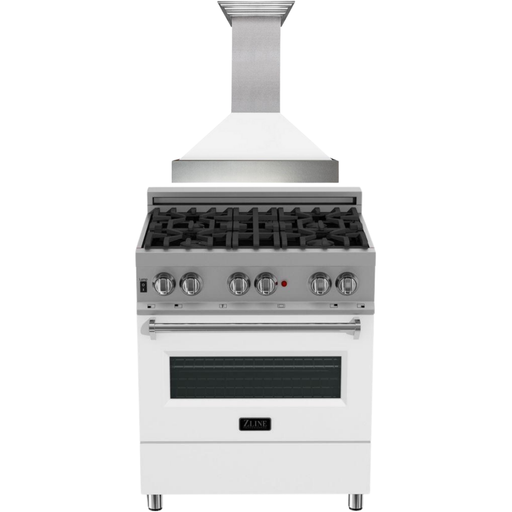 ZLINE 30 in. Dual Fuel Range In DuraSnow with White Matte Door and 30 in. Range Hood Appliance Package 2KP-RASWMRH30