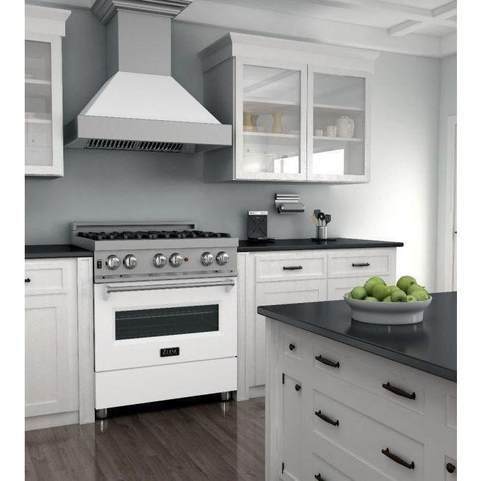 ZLINE 30 in. Dual Fuel Range In DuraSnow with White Matte Door and 30 in. Range Hood Appliance Package 2KP-RASWMRH30