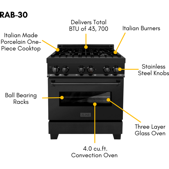 ZLINE 30 in. Dual Fuel Range, Range Hood and Microwave In Black Stainless Steel Appliance Package 3KP-RABRBRH30-MW