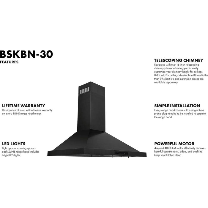 ZLINE 30 in. Dual Fuel Range, Range Hood and Microwave In Black Stainless Steel Appliance Package 3KP-RABRBRH30-MW