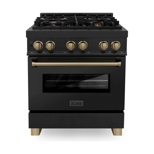 ZLINE 30 In. Dual Fuel Range, Range Hood, Refrigerator, and Dishwasher In Black Stainless Steel with Champagne Bronze Accents Autograph Kitchen Appliance Package 4AKPR-RABRHDWV30-CB