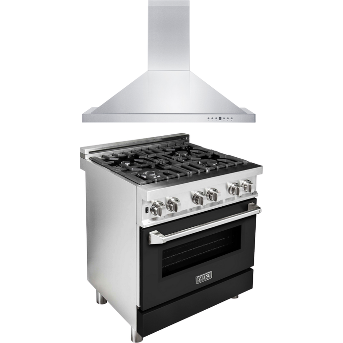 ZLINE 30 in. Dual Fuel Range with Black Matte Door and 30 in. Range Hood Appliance Package 2KP-RABLMRH30