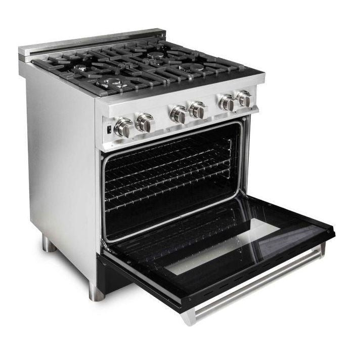 ZLINE 30 in. Dual Fuel Range with Black Matte Door and 30 in. Range Hood Appliance Package 2KP-RABLMRH30