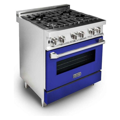 ZLINE 30 in. Dual Fuel Range with Blue Matte Door and 30 in. Range Hood Appliance Package 2KP-RABMRH30