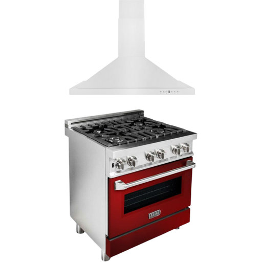 ZLINE 30 in. Dual Fuel Range with Red Gloss Door and 30 in. Range Hood Appliance Package 2KP-RARGRH30