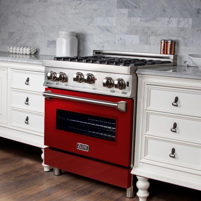 ZLINE 30 in. Dual Fuel Range with Red Gloss Door and 30 in. Range Hood Appliance Package 2KP-RARGRH30