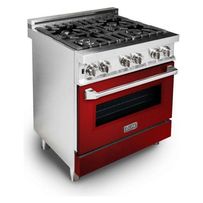 ZLINE 30 in. Dual Fuel Range with Red Gloss Door and 30 in. Range Hood Appliance Package 2KP-RARGRH30