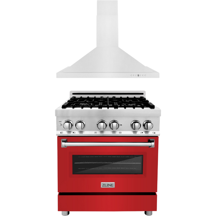 ZLINE 30 in. Dual Fuel Range with Red Matte Door & 30 in. Range Hood Appliance Package 2KP-RARMRH30