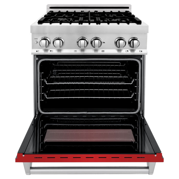 ZLINE 30 in. Dual Fuel Range with Red Matte Door & 30 in. Range Hood Appliance Package 2KP-RARMRH30