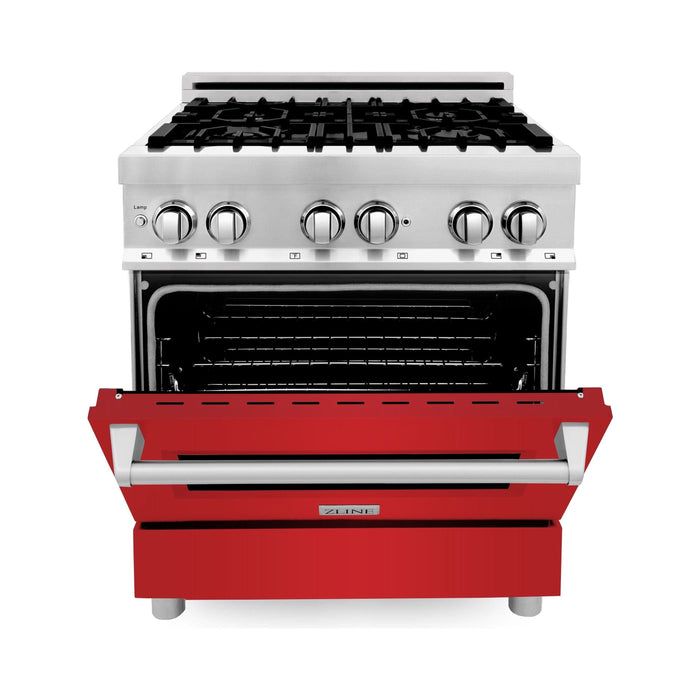 ZLINE 30 in. Dual Fuel Range with Red Matte Door & 30 in. Range Hood Appliance Package 2KP-RARMRH30