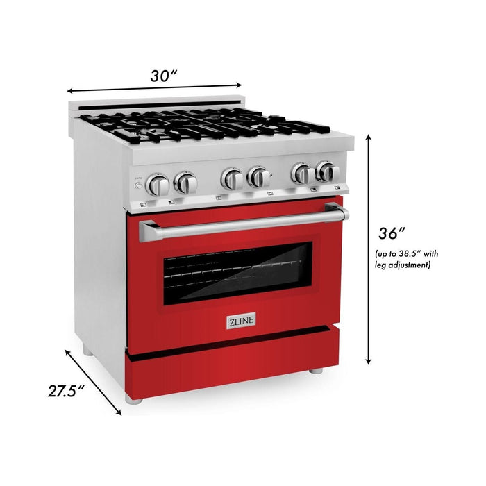 ZLINE 30 in. Dual Fuel Range with Red Matte Door & 30 in. Range Hood Appliance Package 2KP-RARMRH30