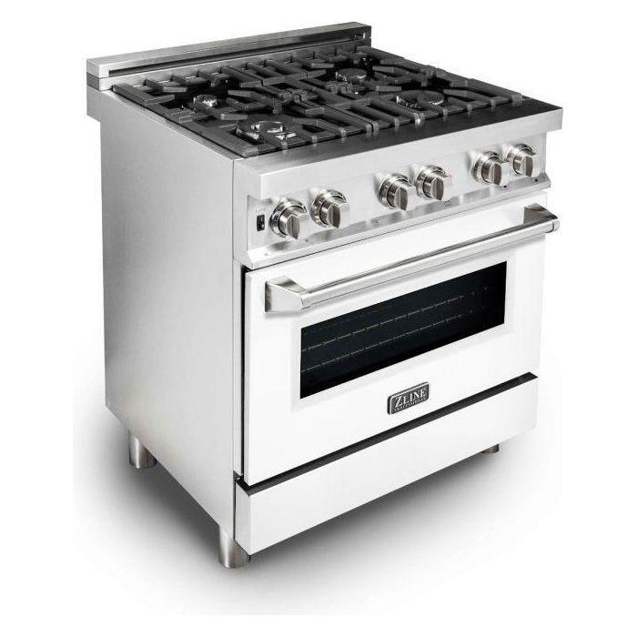 ZLINE 30 in. Dual Fuel Range with White Matte Door and 30 in. Range Hood Appliance Package 2KP-RAWMRH30