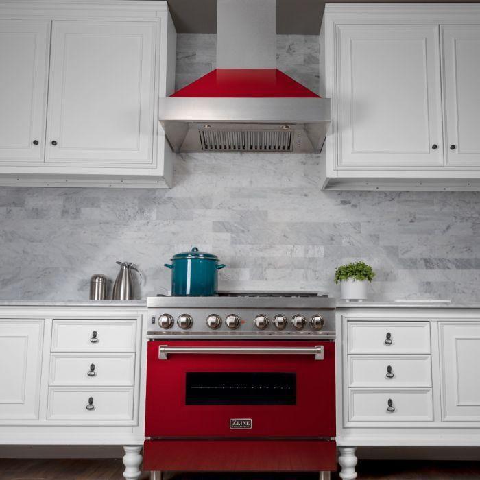 ZLINE 30 in. Ducted DuraSnow Stainless Steel Range Hood with Red Gloss Shell 8654RG-30