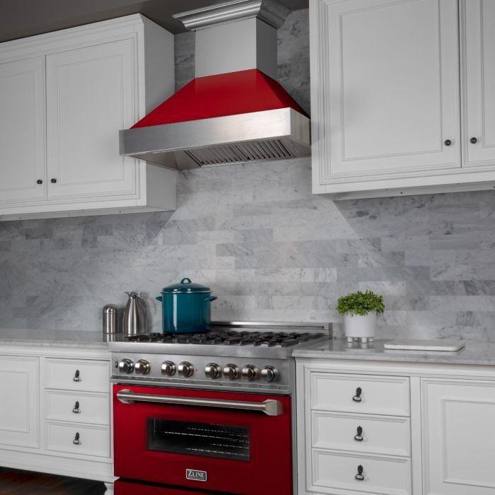 ZLINE 30 in. Ducted DuraSnow Stainless Steel Range Hood with Red Gloss Shell 8654RG-30