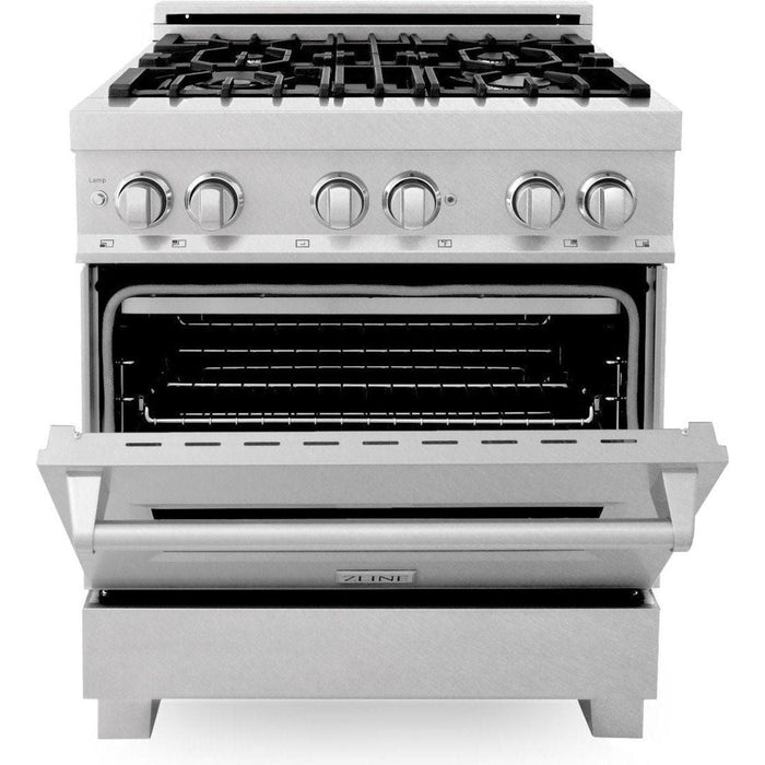 ZLINE 30 in. DuraSnow Stainless Dual Fuel Range, Ducted Vent Range Hood and Dishwasher Kitchen Appliance Package 3KP-RASRH30-DW