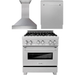 ZLINE 30 in. DuraSnow Stainless Dual Fuel Range, Ducted Vent Range Hood and Tall Tub Dishwasher Kitchen Appliance Package 3KP-RASRH30-DWV