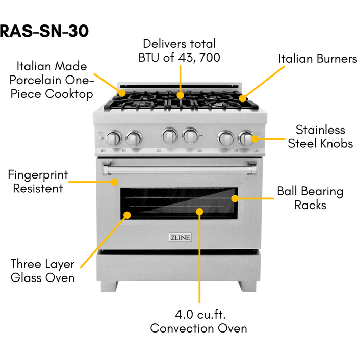 ZLINE 30 in. DuraSnow Stainless Dual Fuel Range, Ducted Vent Range Hood and Tall Tub Dishwasher Kitchen Appliance Package 3KP-RASRH30-DWV