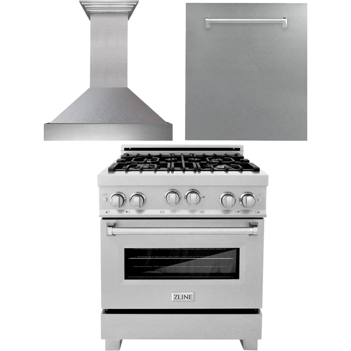 ZLINE 30 in. DuraSnow Stainless Steel Gas Range, Ducted Range Hood and Dishwasher Kitchen Appliance Package 3KP-RGSRH30-DW