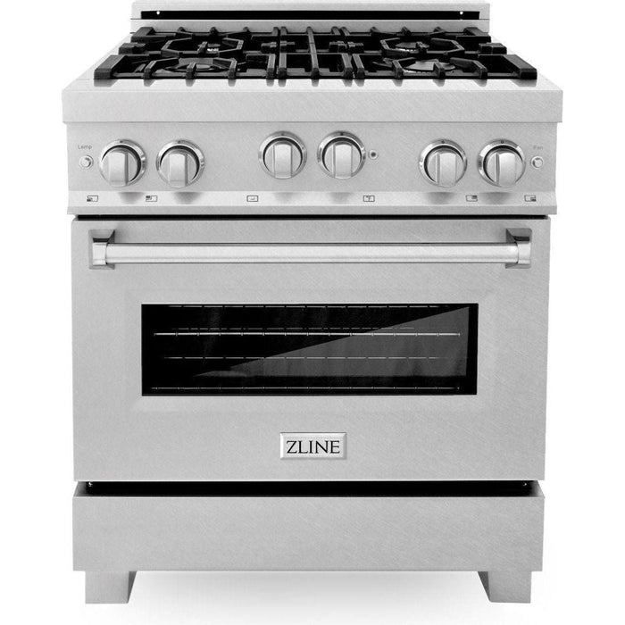 ZLINE 30 in. DuraSnow Stainless Steel Gas Range, Ducted Range Hood and Dishwasher Kitchen Appliance Package 3KP-RGSRH30-DW