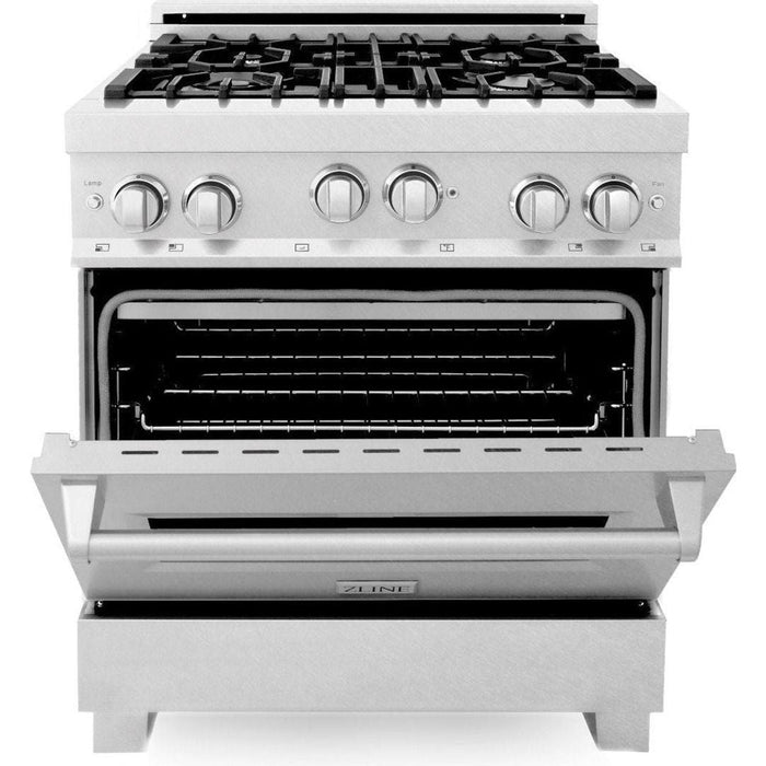 ZLINE 30 in. DuraSnow Stainless Steel Gas Range, Ducted Range Hood and Dishwasher Kitchen Appliance Package 3KP-RGSRH30-DW