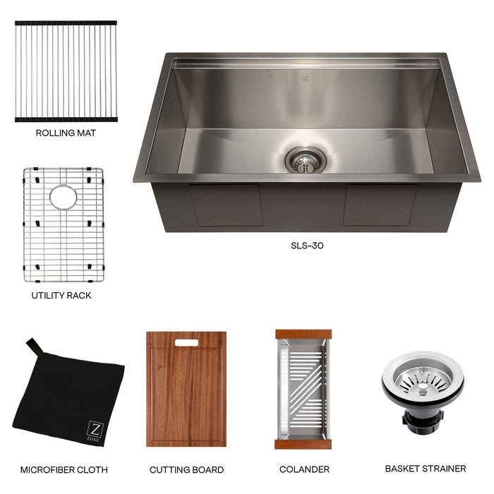 ZLINE 30 in. Garmisch Undermount Single Bowl Stainless Steel Kitchen Sink with Bottom Grid and Accessories, SLS-30