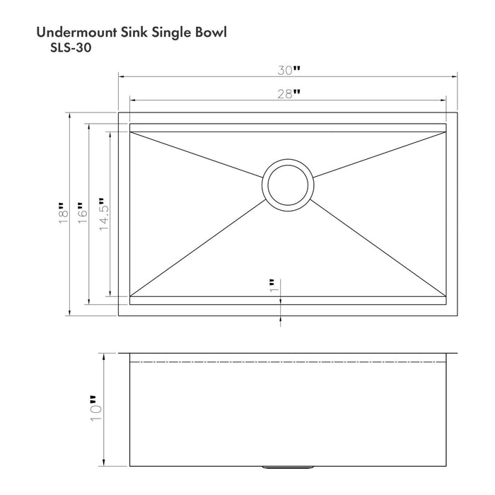 ZLINE 30 in. Garmisch Undermount Single Bowl Stainless Steel Kitchen Sink with Bottom Grid and Accessories, SLS-30