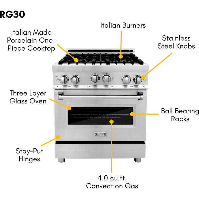 ZLINE 30 in. Gas Range and 30 in. Range Hood Appliance Package 2KP-RGRH30