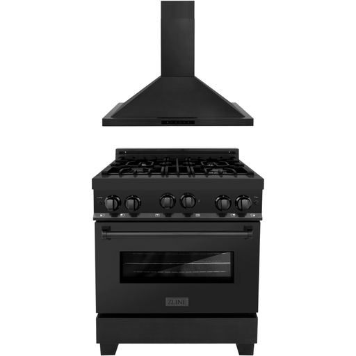 ZLINE 30 in. Gas Range in Black Stainless Steel & 30 in. Range Hood Appliance Package 2KP-RGBRH30