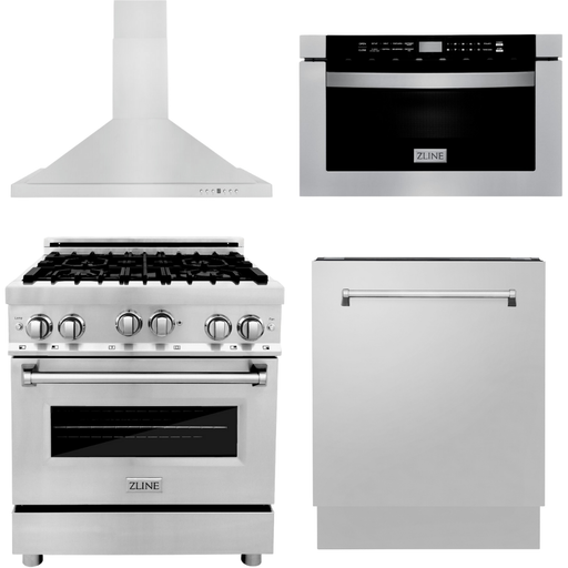 ZLINE 30 in. Gas Range, Range Hood, Microwave Drawer and 3 Rack Dishwasher Appliance Package 4KP-RGRH30-MWDWV