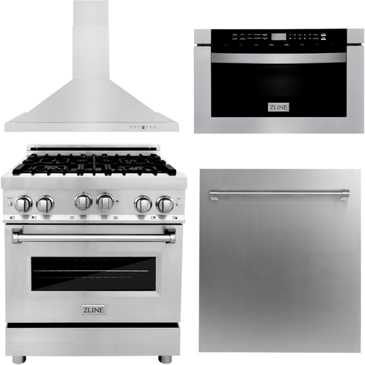 ZLINE 30 in. Gas Range, Range Hood, Microwave Drawer and Dishwasher Appliance Package 4KP-RGRH30-MWDW