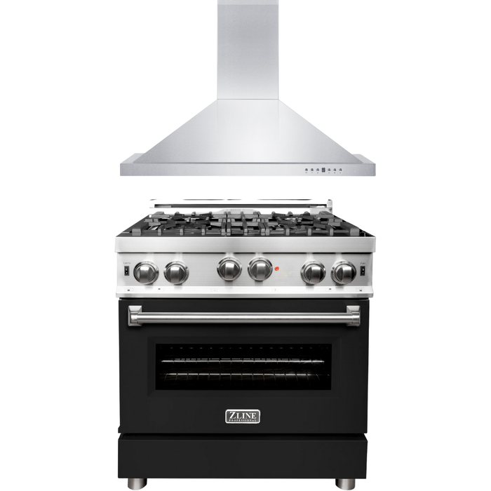 ZLINE 30 in. Gas Range with Black Matte Door & 30 in. Range Hood Appliance Package 2KP-RGBLMRH30