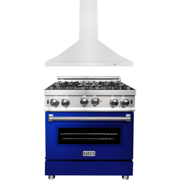 ZLINE 30 in. Gas Range with Blue Gloss Door & 30 in. Range Hood Appliance Package 2KP-RGBGRH30