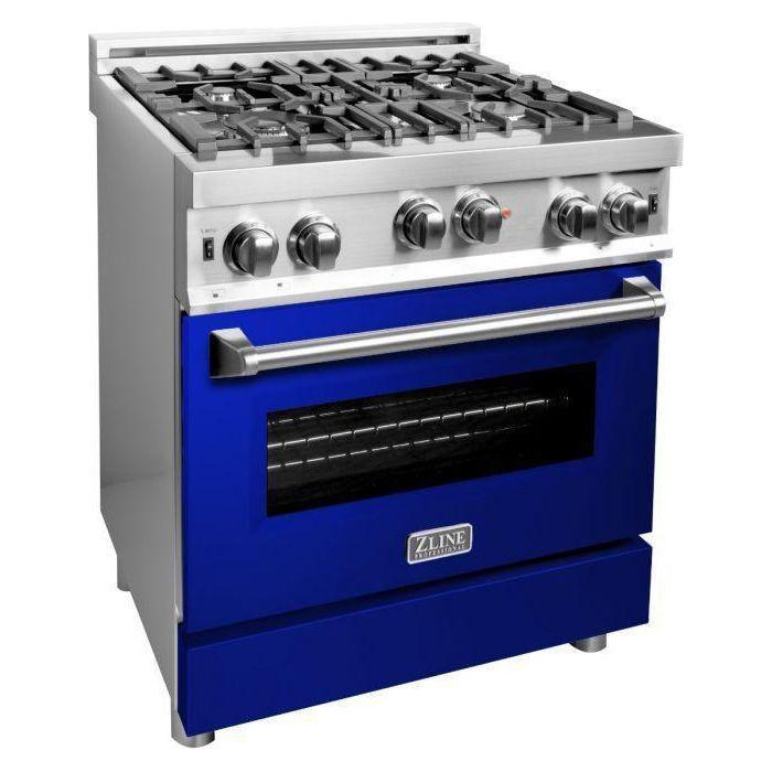 ZLINE 30 in. Gas Range with Blue Gloss Door & 30 in. Range Hood Appliance Package 2KP-RGBGRH30