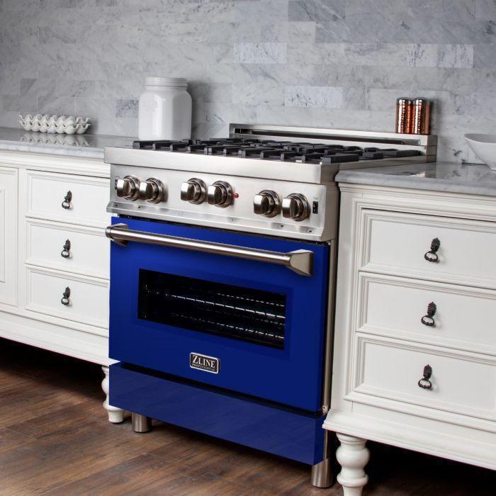 ZLINE 30 in. Gas Range with Blue Gloss Door & 30 in. Range Hood Appliance Package 2KP-RGBGRH30