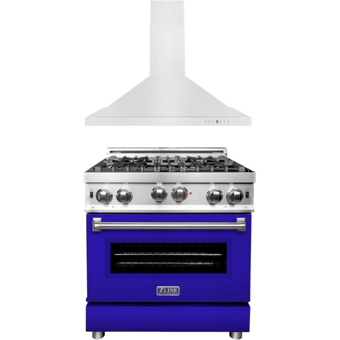 ZLINE 30 in. Gas Range with Blue Matte Door & 30 in. Range Hood Appliance Package 2KP-RGBMRH30