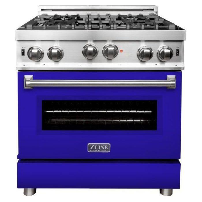 ZLINE 30 in. Gas Range with Blue Matte Door & 30 in. Range Hood Appliance Package 2KP-RGBMRH30