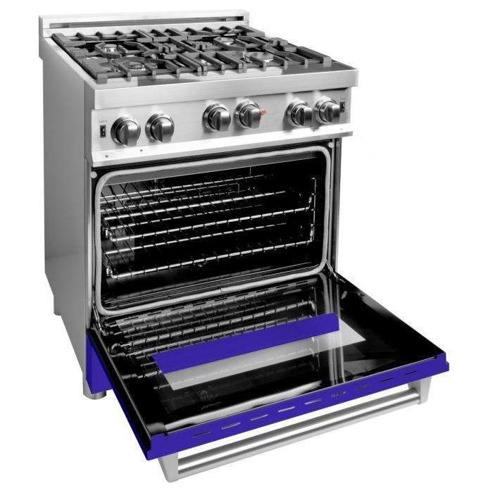 ZLINE 30 in. Gas Range with Blue Matte Door & 30 in. Range Hood Appliance Package 2KP-RGBMRH30