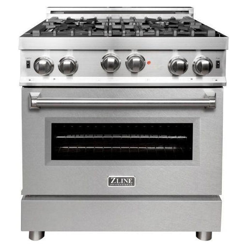 ZLINE 30 in. Gas Range with DuraSnow Door & 30 in. Range Hood Appliance Package 2KP-RGSNRH30