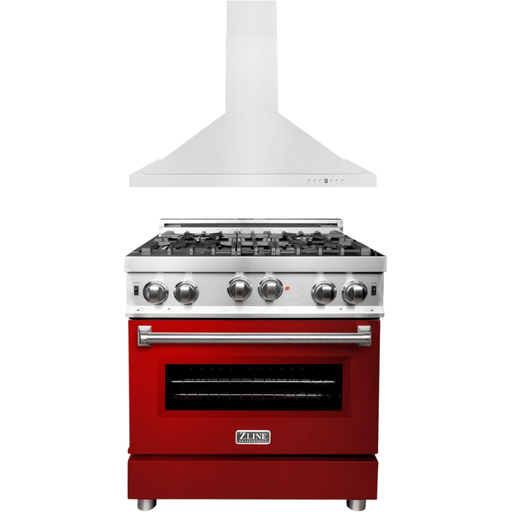 ZLINE 30 in. Gas Range with Red Gloss Door and 30 in. Range Hood Appliance Package 2KP-RGRGRH30