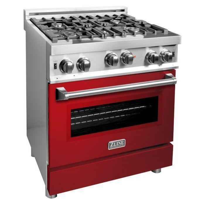 ZLINE 30 in. Gas Range with Red Gloss Door and 30 in. Range Hood Appliance Package 2KP-RGRGRH30