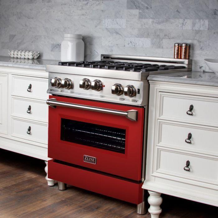 ZLINE 30 in. Gas Range with Red Matte Door and 30 in. Range Hood Appliance Package 2KP-RGRMRH30