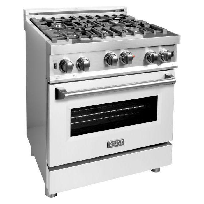 ZLINE 30 in. Gas Range with White Matte Door & 30 in. Range Hood Appliance Package 2KP-RGWMRH30