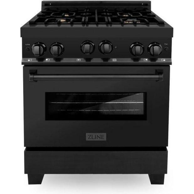 ZLINE 30 in. Kitchen Appliance Package with Black Stainless Steel Gas Range, Range Hood, Microwave Drawer and Dishwasher, 4KP-RGBRH30-MWDW