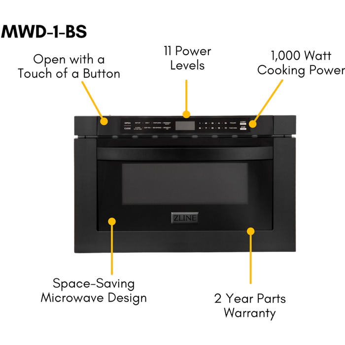 ZLINE 30 in. Kitchen Appliance Package with Black Stainless Steel Gas Range, Range Hood, Microwave Drawer and Dishwasher, 4KP-RGBRH30-MWDW