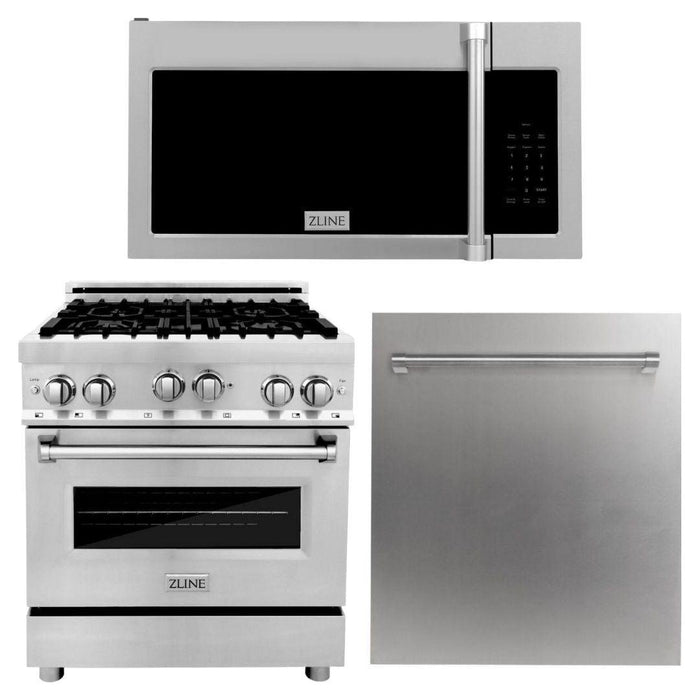 ZLINE 30 in. Kitchen Appliance Package with Stainless Steel Gas Range, Traditional Over The Range Microwave and Dishwasher, 3KP-RGOTRH30-DW