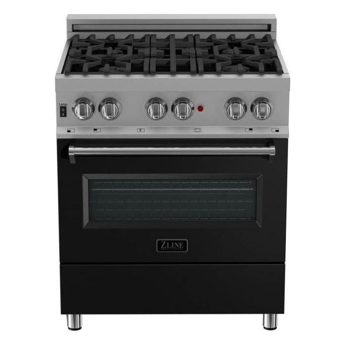 ZLINE 30 in. Professional Dual Fuel Range with Gas Burner and Electric Oven In DuraSnow Stainless with Black Matte Door RAS-BLM-30