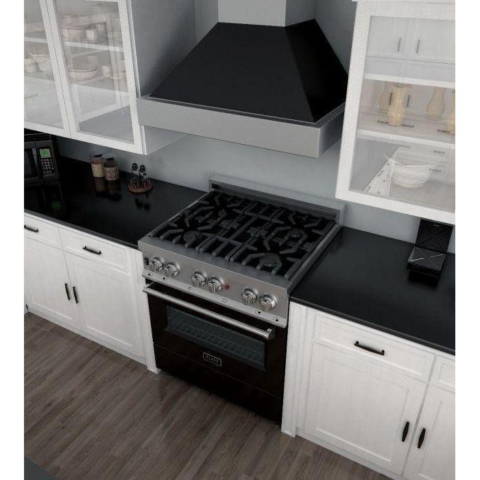 ZLINE 30 in. Professional Dual Fuel Range with Gas Burner and Electric Oven In DuraSnow Stainless with Black Matte Door RAS-BLM-30