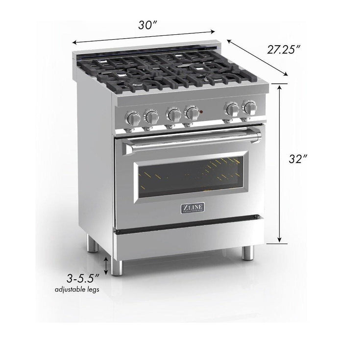 ZLINE 30 in. Professional Dual Fuel Range with Gas Burner and Electric Oven In DuraSnow Stainless with Black Matte Door RAS-BLM-30